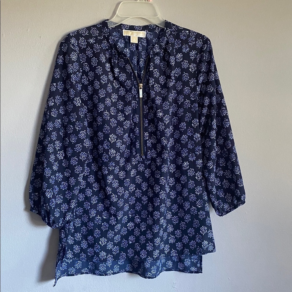 Michael Kors Blue Floral Top with Gold Zipper